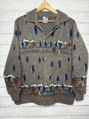 Vintage Art Unlimited Moose Mountain Button Front Sweater Size L USA
